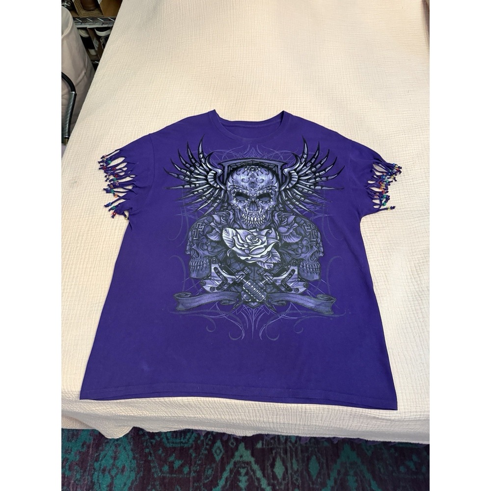 Skull T-Shirt Womens XL Beads Fringe Wings Cyber Goth Emo Grunge Alt Punk Biker